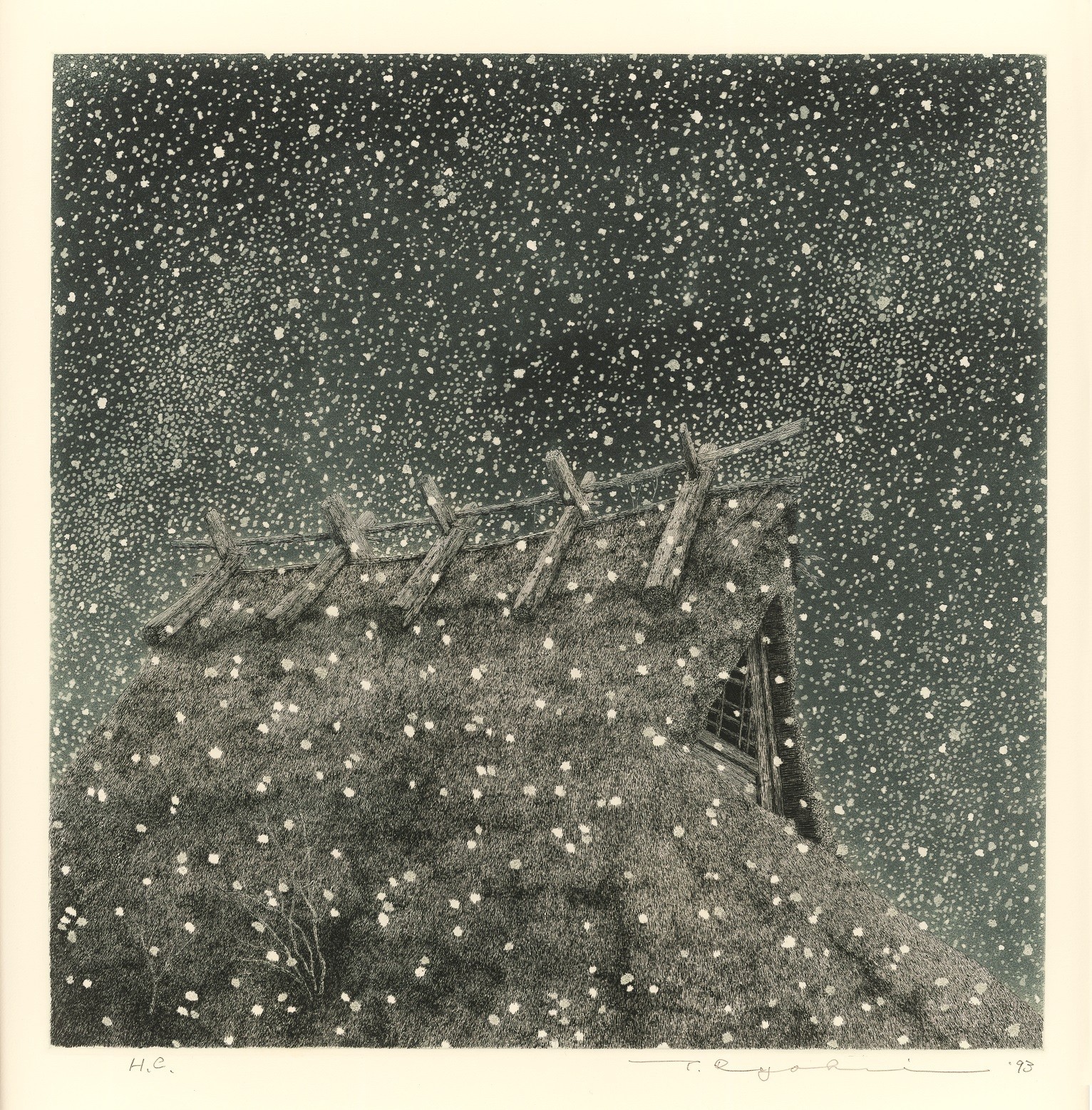 Tanaka Ryohei (1933–2019), Schnee und Reetdach, Radierung und Aquatinta, 36,5 × 36,5 cm, Japan 1993