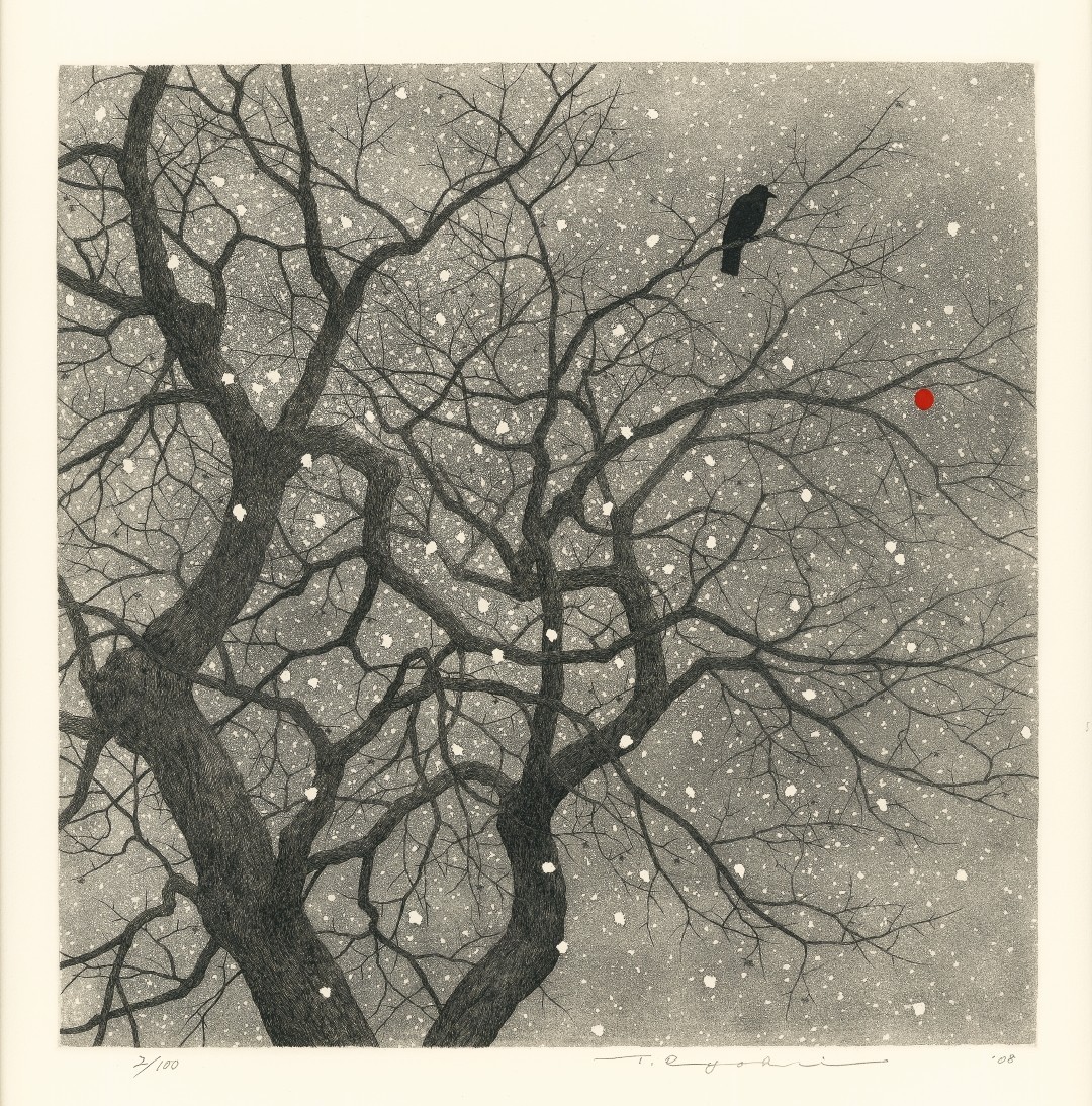 Tanaka Ryohei (1933–2019), Schneevogel, Radierung und Aquatinta, 36 × 36 cm, Japan 2008