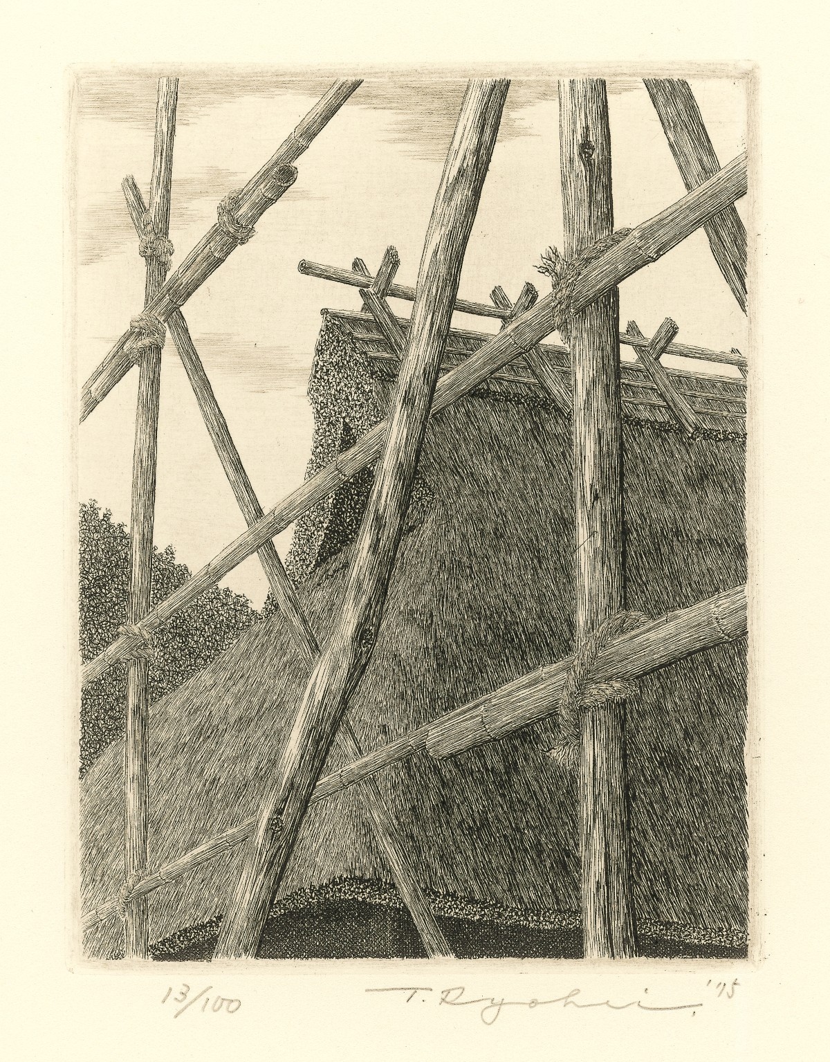 Tanaka Ryohei (1933–2019), Bauernhaus mit Trockengestell für Reis, Hart- und Weichgrundradierung,13 × 10 cm, Japan 1975