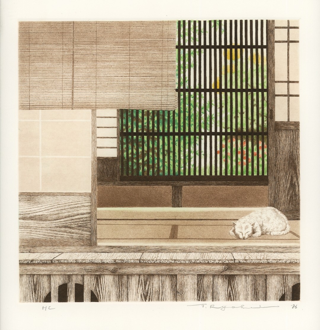 Tanaka Ryohei (1933–2019), Sommerzimmer (Sepia), Farbradierung und Aquatinta, 30 × 30 cm, Japan 1986