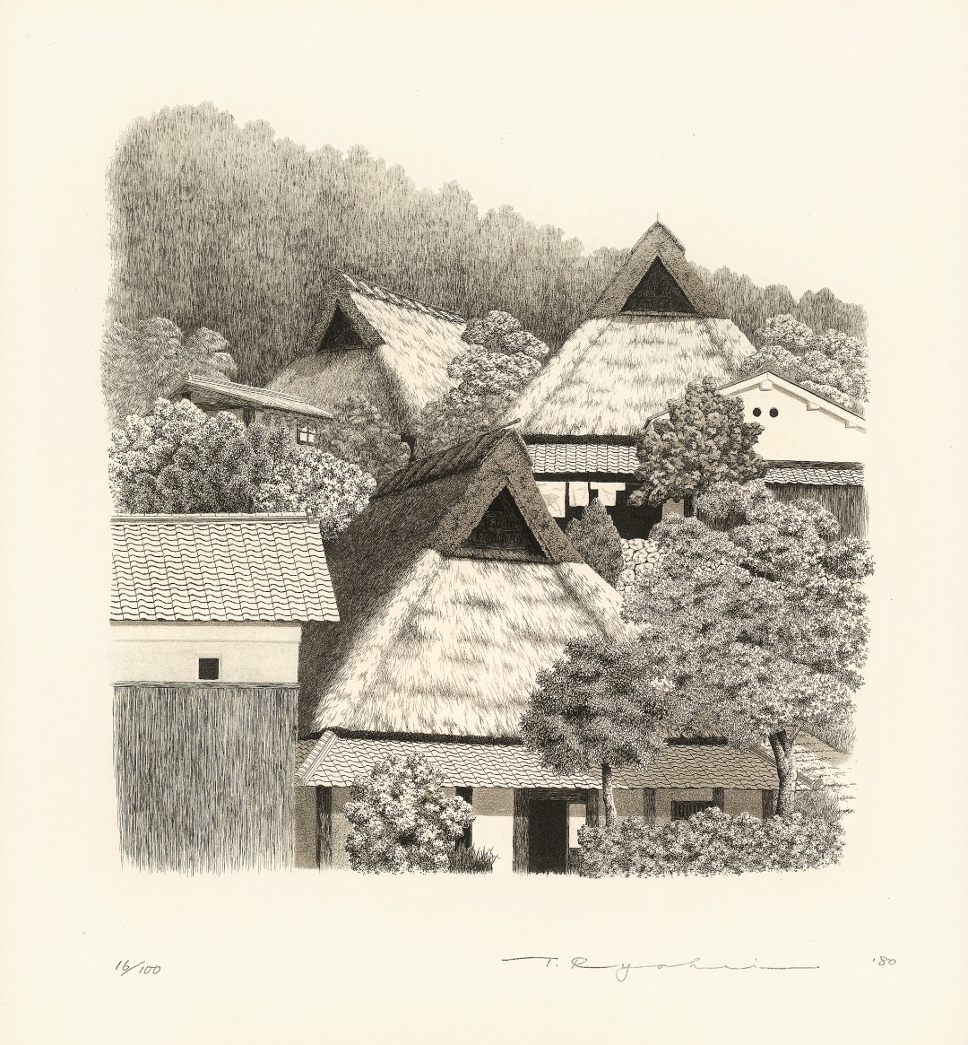 Tanaka Ryohei (1933–2019), Dorf im Sommer, Radierung und Aquatinta, 36,5 × 36,5 cm, Japan 1980