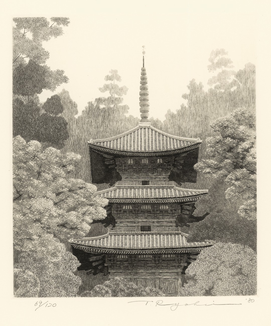 Tanaka Ryohei (1933–2019), Gansen-Ji, Radierung, 24,5 × 21,5 cm, Japan 1980