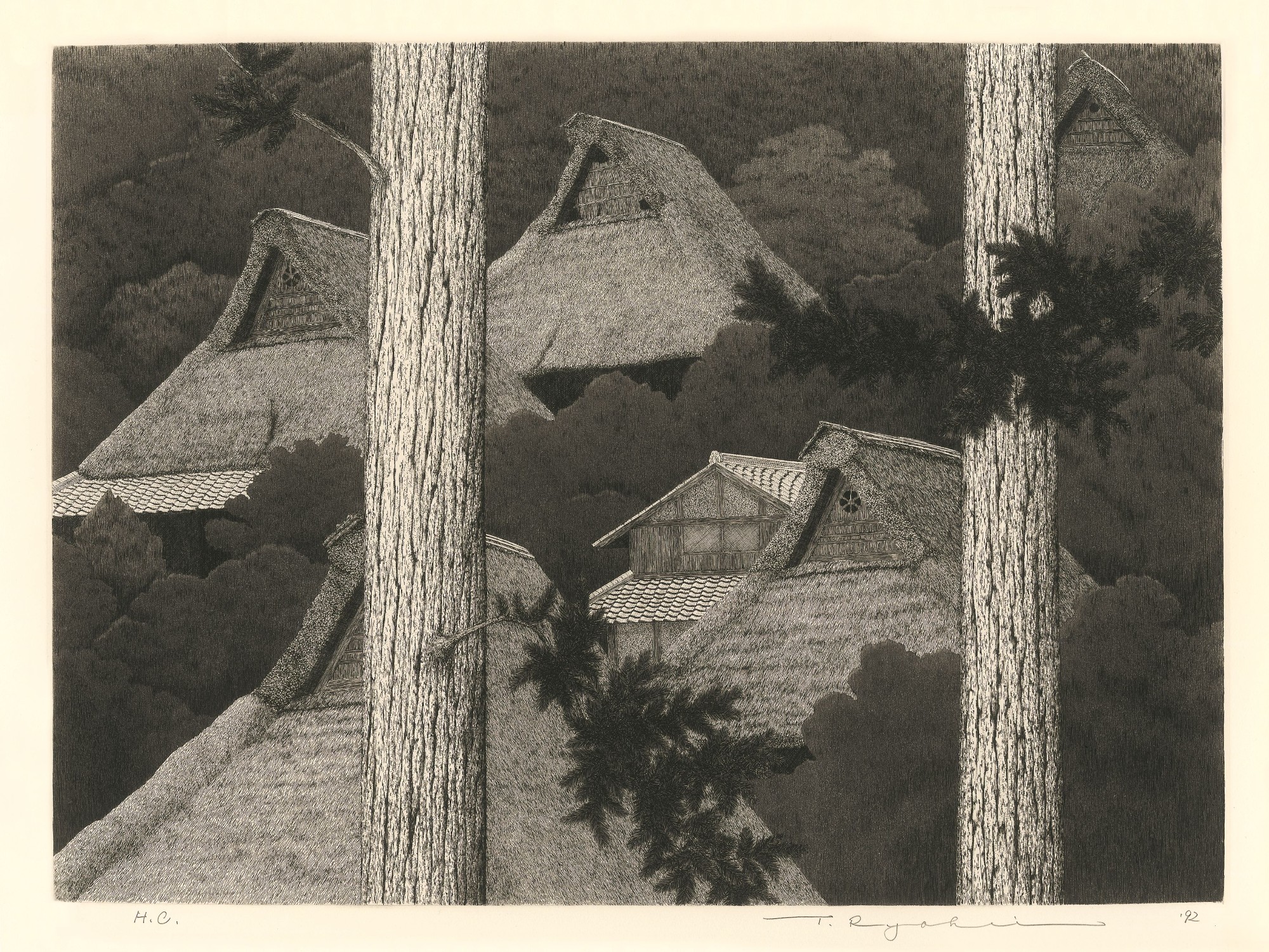 Tanaka Ryohei (1933–2019), Bergweiler, Radierung und Aquatinta, 35 × 47 cm, 1992