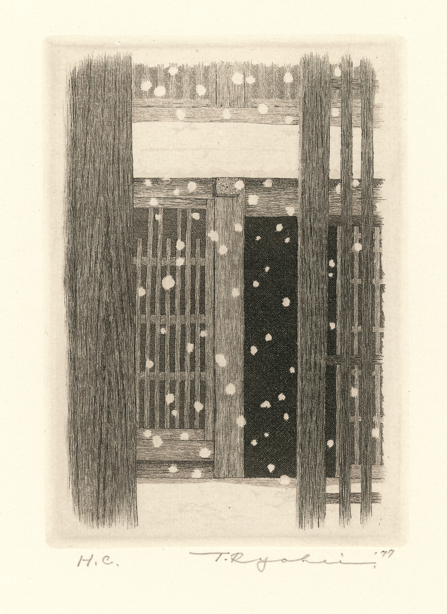 Tanaka Ryohei (1933–2019), Koshi und Schnee, Radierung, 10,5 × 7,5 cm, Japan 1977