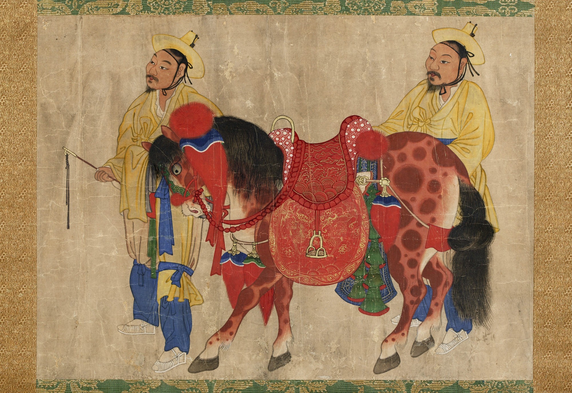 Pferd mit zwei Gelehrten, Anonym, Hängerolle, Tusche, Farben und Gold auf Papier Korea, Joseon-Periode, spätes 19. Jahrhundert © Seo Heun-kang, NRICH, Republik of Korea